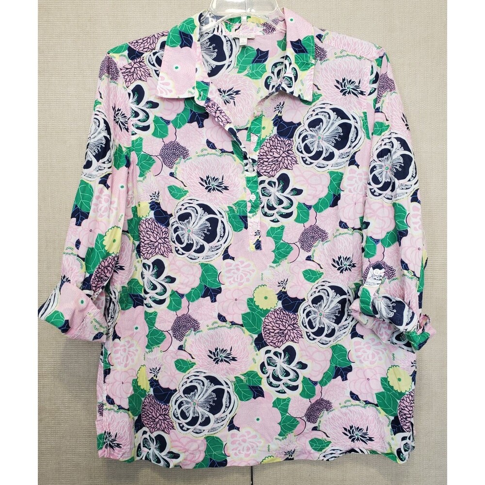 Talbots 100% Cotton Pink Floral Roll-Tab Sleeve Ruffle Henley Neck Blouse Size L